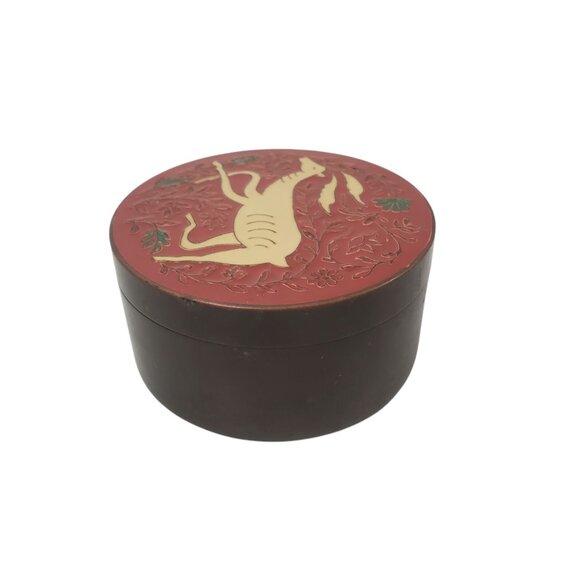 Vintage Christmas Brass Enamel Cloisonne Trinket Stash Box Intricate Deer Design - Picture 4 of 7